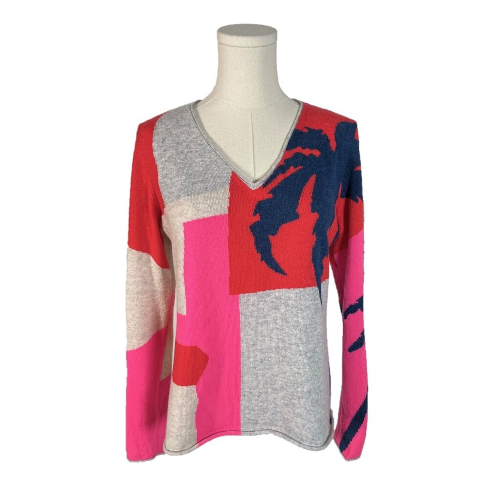Kinross Cashmere Palm Trees Geometric V Neck Sweater Size Medium